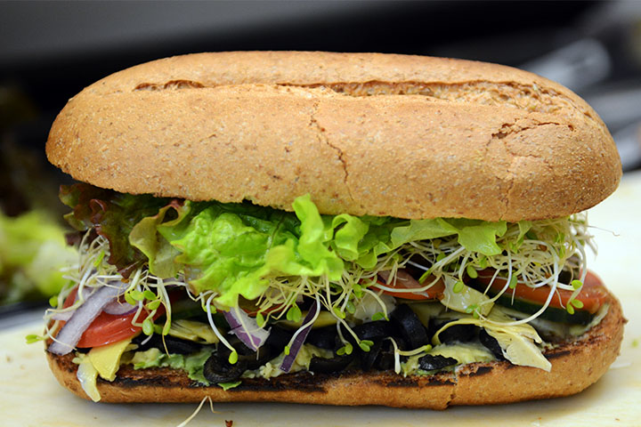 Our Veggie, or vegetarian sandwich with sprouts, artichoke, olives, lettuce and  and tomato are best sellers with clients coming from Palo Alto, Mountain View, Menlo PArk and Stanford... usually They eat it in our patio or order them to go!